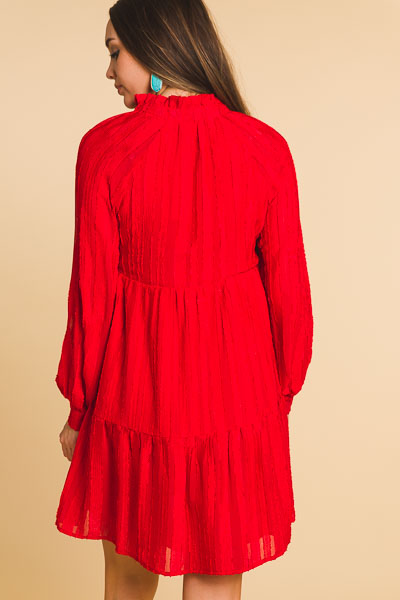Satin Stripes Tiered Dress, Red