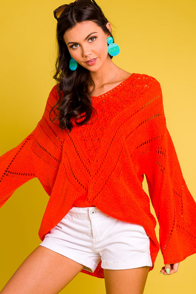 Open Knit Crochet Sweater, Orange