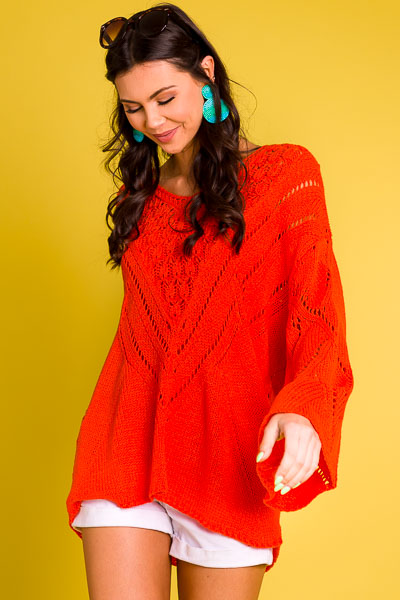 Open Knit Crochet Sweater, Orange