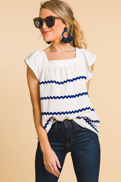 Ric Rac Blouse, White Navy