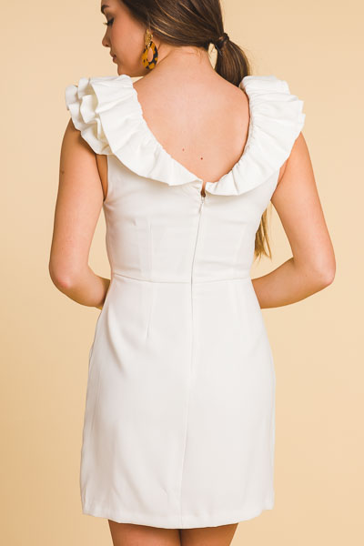 Double V Ruffle Dress, White