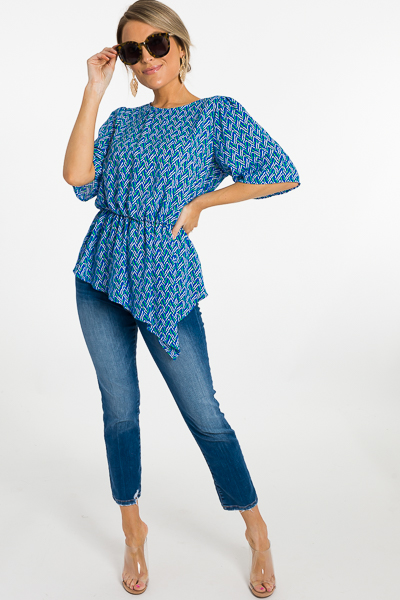 Wavy Cinched Waist Blouse, Blue