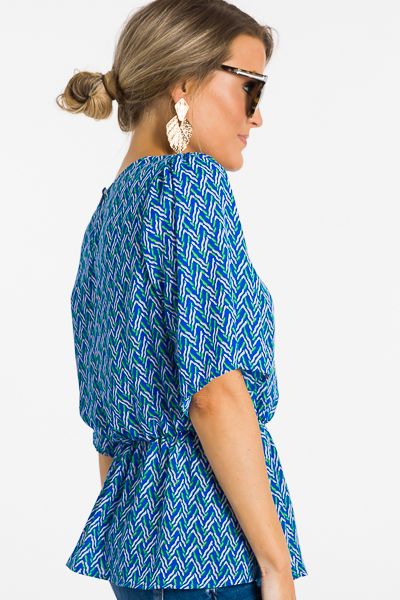 Wavy Cinched Waist Blouse, Blue