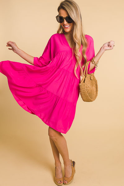 Babydoll Tiers Dress, Hot Pink