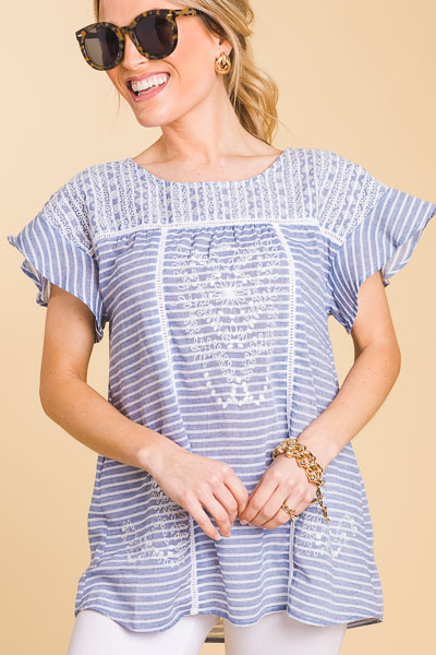 Embroidered Stripe Blouse, Blue