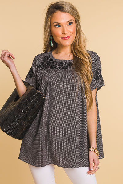 Black Embroidered Gingham Top