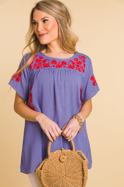 Blue Embroidered Gingham Top