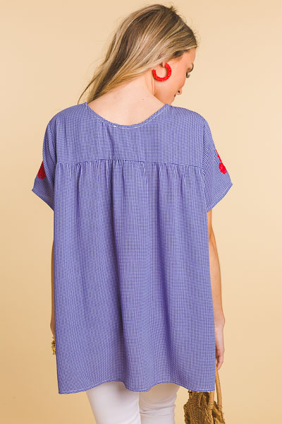 Blue Embroidered Gingham Top