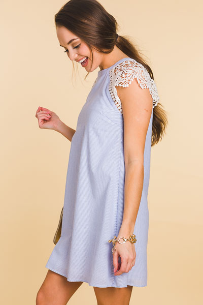 Lace Shoulders Pinstripe Dress