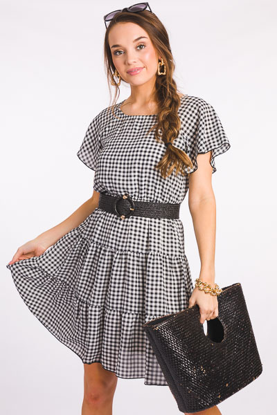 Checkered Flutter Dress, Black