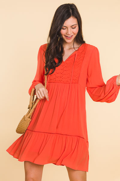 Eyelet Bib Dress, Tangerine