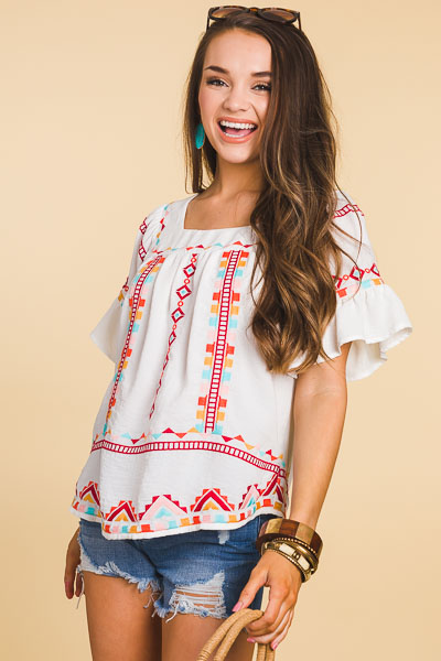 Square Neck Boho Top, White