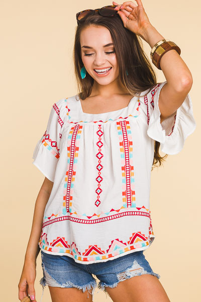 Square Neck Boho Top, White