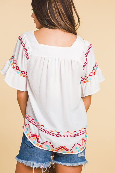 Square Neck Boho Top, White