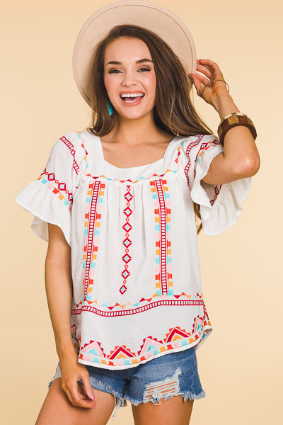 Square Neck Boho Top, White
