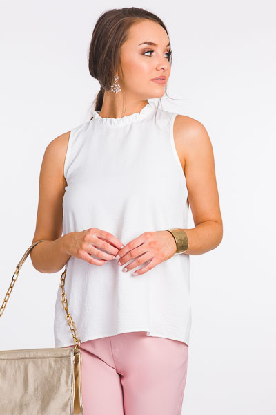 Pebbled Ruffle Neck Top, Ivory