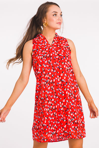 Spotted Ruffle Collar Dress, Tomato