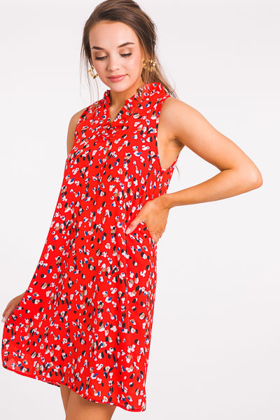 Spotted Ruffle Collar Dress, Tomato