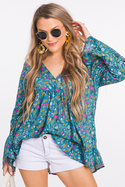 Floral Toss Blouse, Teal