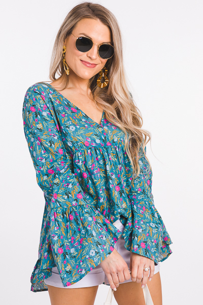 Floral Toss Blouse, Teal