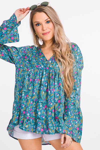 Floral Toss Blouse, Teal