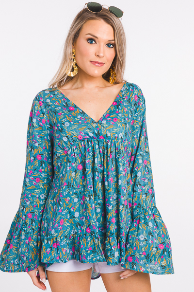 Floral Toss Blouse, Teal