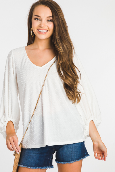 Flocked Dots Top, White