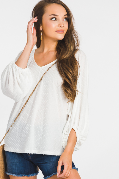 Flocked Dots Top, White