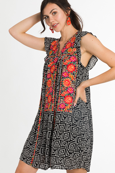 Geometric Embroidery Dress, Black