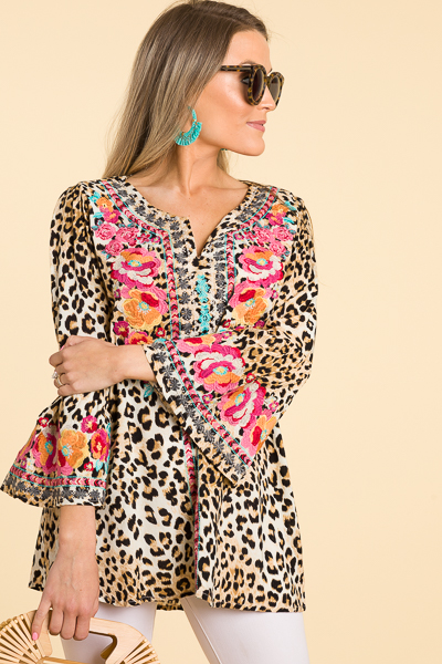 Embroidered Placket Leopard Tunic