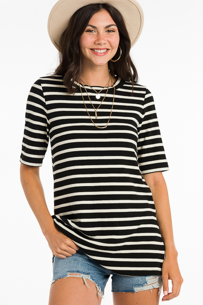 Striped Knit Tunic, Black - Comfy - The Blue Door Boutique