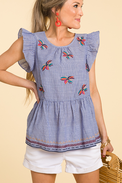 Embroidered Ruffled Top, Pinstripe