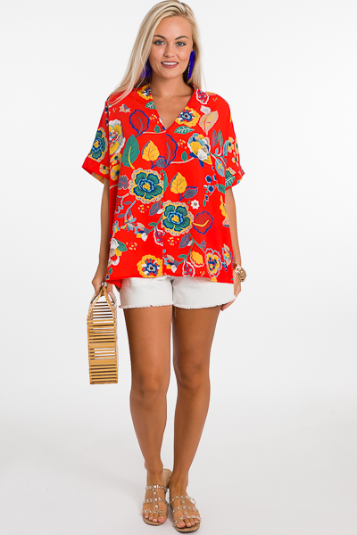 Be Mine Boxy Blouse, Red Floral - Tunics - Tops - The Blue Door Boutique
