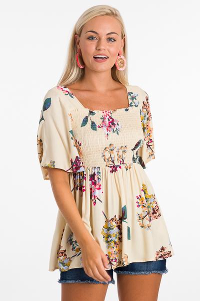 Floral Smocked Top, Cream
