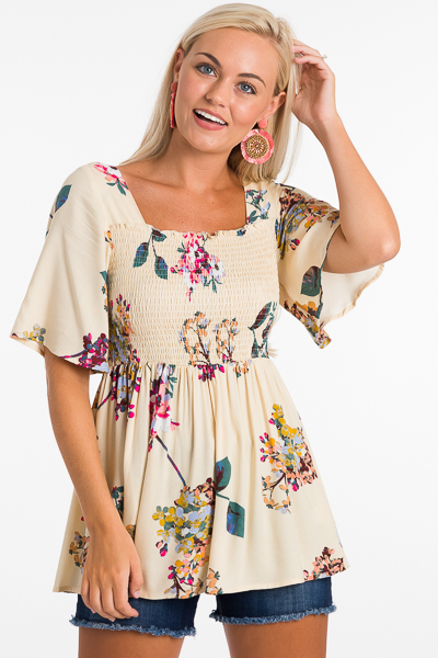 Floral Smocked Top, Cream