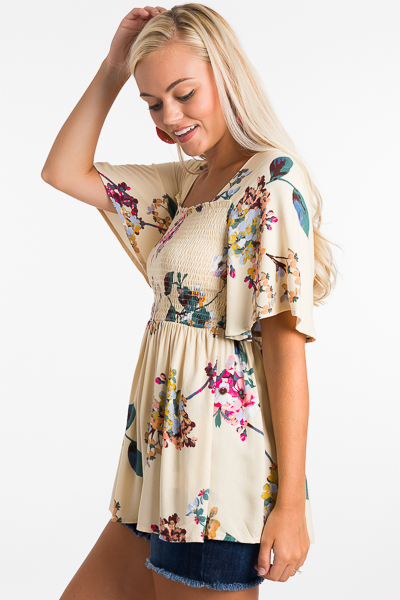 Floral Smocked Top, Cream