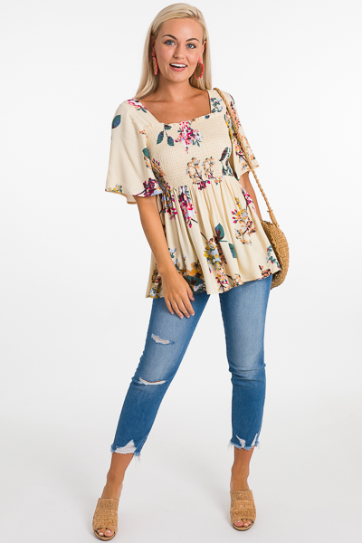 Floral Smocked Top, Cream