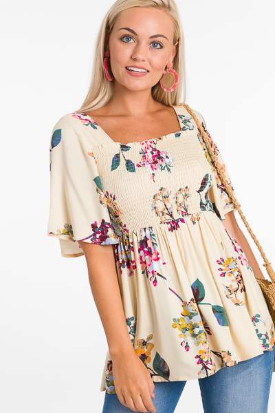 Floral Smocked Top, Cream