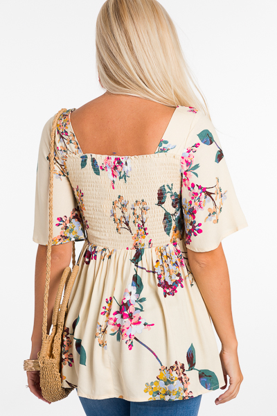 Floral Smocked Top, Cream