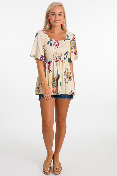 Floral Smocked Top, Cream