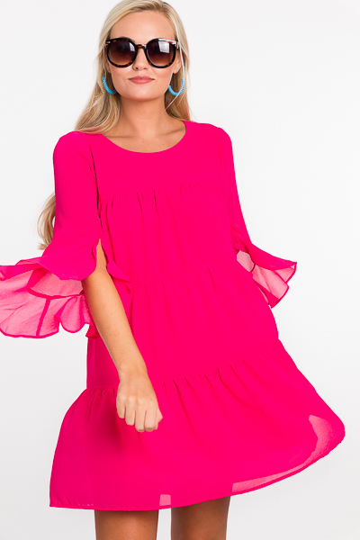 Tiered Chiffon Dress, Hot Pink