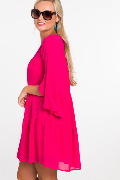 Tiered Chiffon Dress, Hot Pink