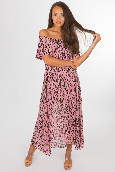 Pink Leopard Off Shoulder Dress