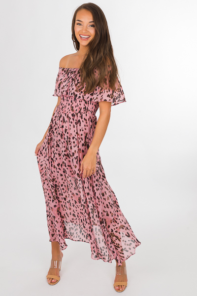 Pink Leopard Off Shoulder Dress