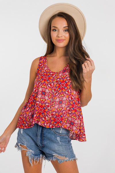 Printed Button Cami, Red