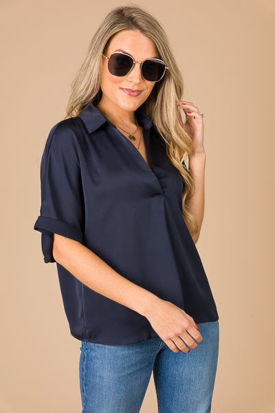 Satin Collared Blouse, Navy