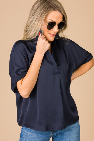 Satin Collared Blouse, Navy