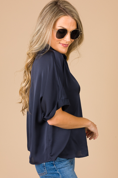 Satin Collared Blouse, Navy