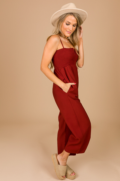 Smocked Solid Jumpsuit, Rust