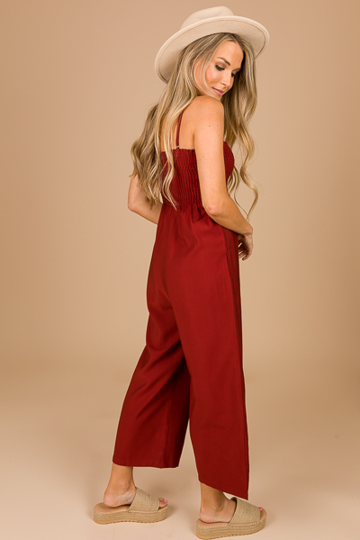 Smocked Solid Jumpsuit, Rust